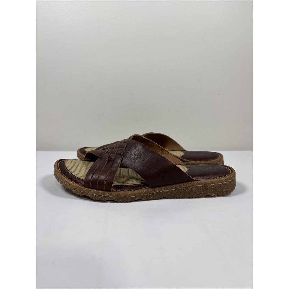 Born Womens 7 Cross Cross Slip On MLAS Brown Leather Slides Flats Casual Comfort - Picture 4 of 12